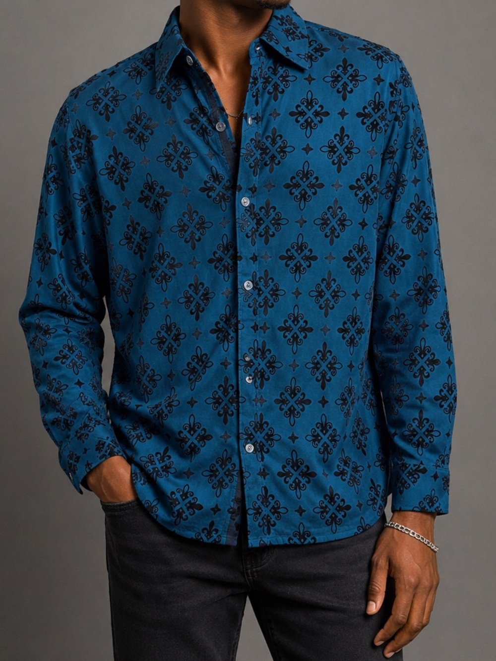 Steve’s Jeans Men’s Teal & Black Velvet Flocked Button Down Shirt Medium NWT